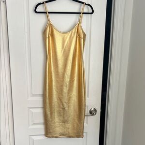 Gold fitted leather like midi Dress